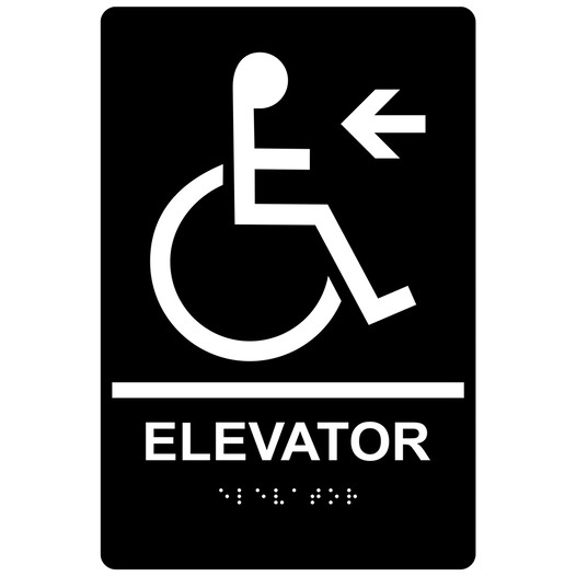 Black ADA Braille Accessible ELEVATOR Left Sign RRE-14784_White_on_Black
