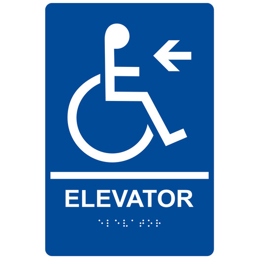 Blue ADA Braille Accessible ELEVATOR Left Sign RRE-14784_White_on_Blue