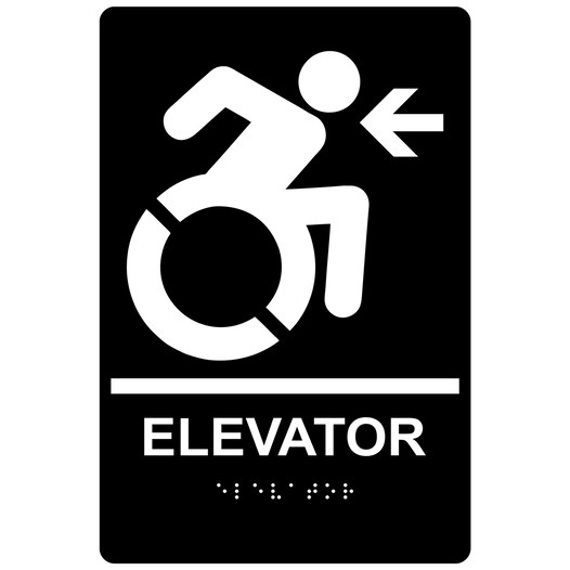 Black Braille ELEVATOR Left Sign with Dynamic Accessibility Symbol RRE-14784R_White_on_Black