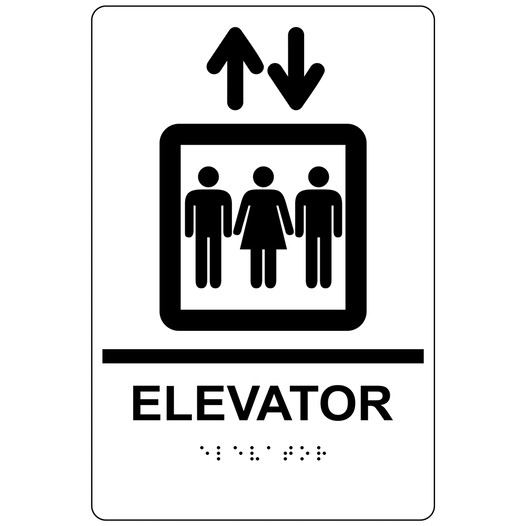 White ADA Braille ELEVATOR Sign with Symbol RRE-685_Black_on_White