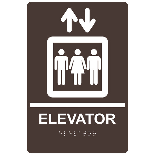 Dark Brown ADA Braille ELEVATOR Sign with Symbol RRE-685_White_on_DarkBrown