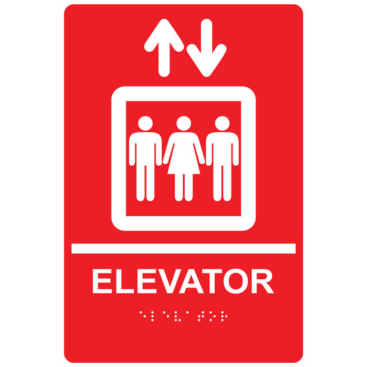 Red ADA Braille ELEVATOR Sign with Symbol RRE-685_White_on_Red