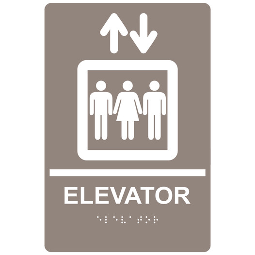 Taupe ADA Braille ELEVATOR Sign with Symbol RRE-685_White_on_Taupe