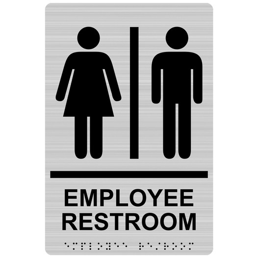 Brushed Silver ADA Braille Unisex EMPLOYEE RESTROOM Sign with Symbol RRE-805_Black_on_BrushedSilver
