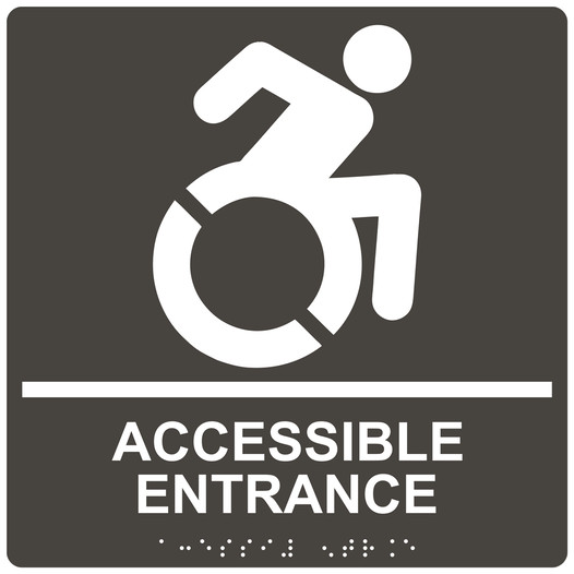 Square Charcoal Gray Braille ACCESSIBLE ENTRANCE Sign with Dynamic Accessibility Symbol - RRE-28982R-99_White_on_CharcoalGray