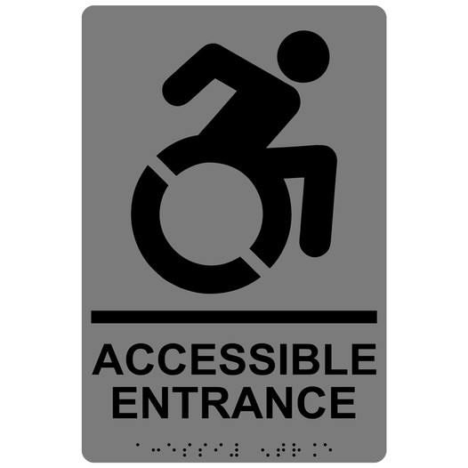 Gray Braille ACCESSIBLE ENTRANCE Sign with Dynamic Accessibility Symbol RRE-28982R_Black_on_Gray