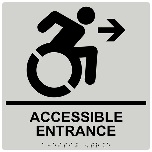Square Pearl Gray Braille ACCESSIBLE ENTRANCE Sign with Dynamic Accessibility Symbol - RRE-32159R-99_Black_on_PearlGray