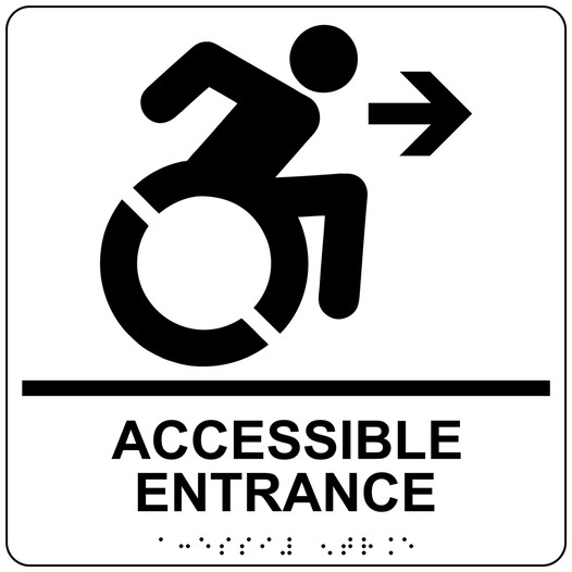 Square White Braille ACCESSIBLE ENTRANCE Sign with Dynamic Accessibility Symbol - RRE-32159R-99_Black_on_White
