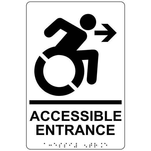 White Braille ACCESSIBLE ENTRANCE Right Sign with Dynamic Accessibility Symbol RRE-32159R_Black_on_White