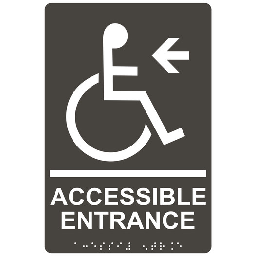 Charcoal Gray ADA Braille ACCESSIBLE ENTRANCE Left Sign with Symbol RRE-32160_White_on_CharcoalGray