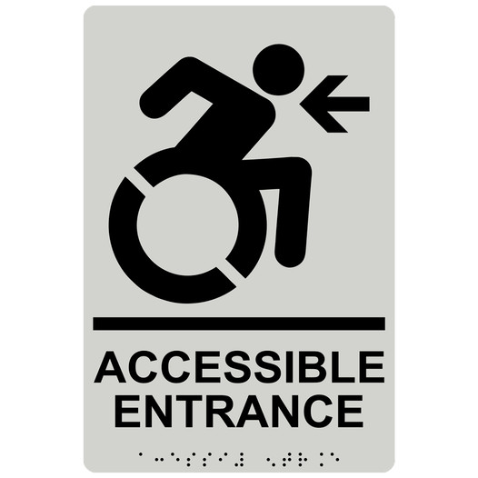 Pearl Gray Braille ACCESSIBLE ENTRANCE Left Sign with Dynamic Accessibility Symbol RRE-32160R_Black_on_PearlGray