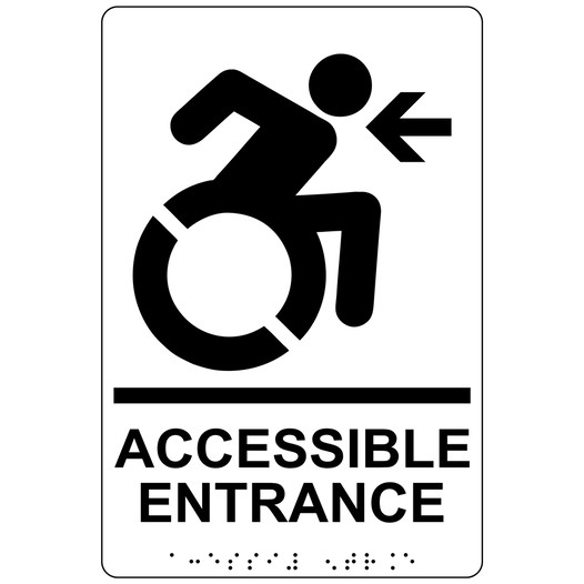 White Braille ACCESSIBLE ENTRANCE Left Sign with Dynamic Accessibility Symbol RRE-32160R_Black_on_White