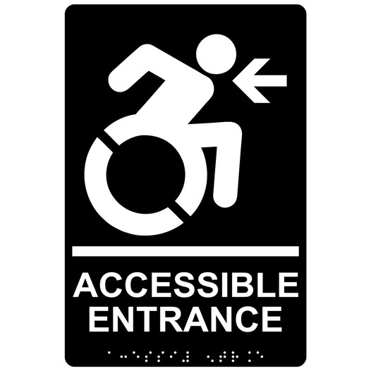 Black Braille ACCESSIBLE ENTRANCE Left Sign with Dynamic Accessibility Symbol RRE-32160R_White_on_Black