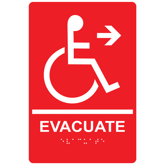 Red ADA Braille EVACUATE Right Sign RRE-14786_White_on_Red