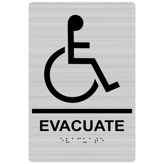 Brushed Silver ADA Braille EVACUATE Sign with Wheelchair Symbol RRE-14788_Black_on_BrushedSilver