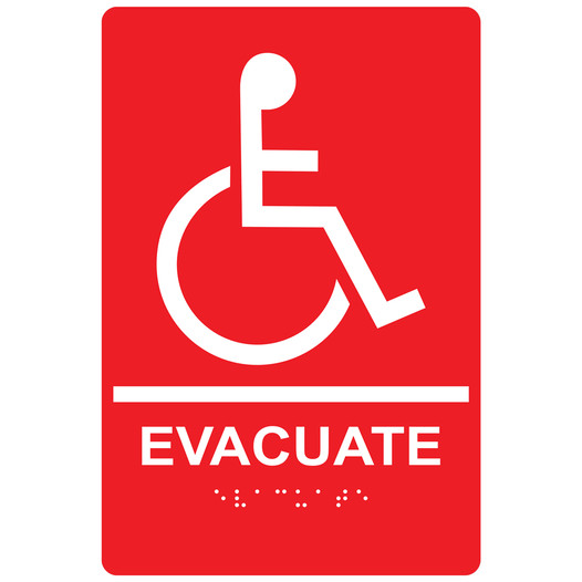 Red ADA Braille EVACUATE Sign with Wheelchair Symbol RRE-14788_White_on_Red