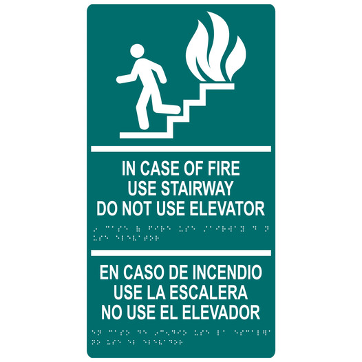 Bahama Blue ADA Braille IN CASE OF FIRE USE STAIRWAY English + Spanish Sign RRB-230_White_on_BahamaBlue