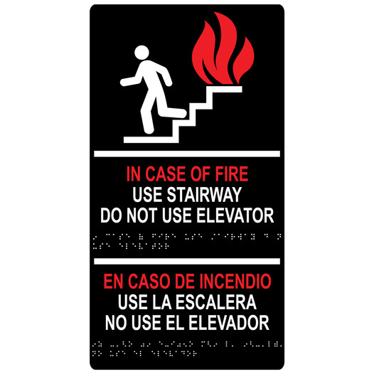 Black ADA Braille IN CASE OF FIRE USE STAIRWAY English + Spanish Sign RRB-265_MULTI_White_on_Black