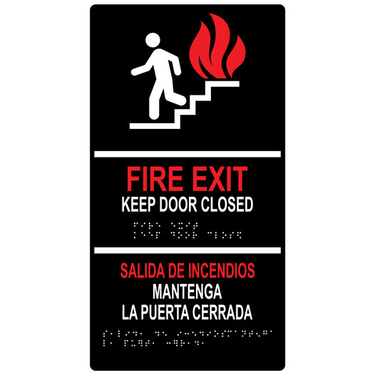 Black ADA Braille IN CASE OF FIRE USE STAIRWAY English + Spanish Sign RRB-270_MULTI_White_on_Black