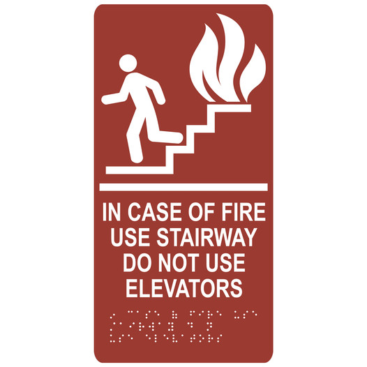Canyon ADA Braille IN CASE OF FIRE USE STAIRWAY DO NOT USE ELEVATORS Sign with Symbol RRE-230_White_on_Canyon