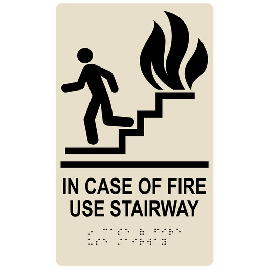Almond ADA Braille IN CASE OF FIRE USE STAIRWAY Sign with Symbol RRE-235_Black_on_Almond