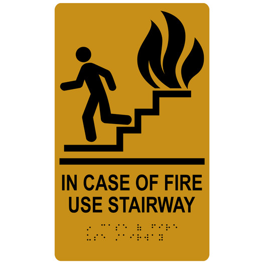Gold ADA Braille IN CASE OF FIRE USE STAIRWAY Sign with Symbol RRE-235_Black_on_Gold