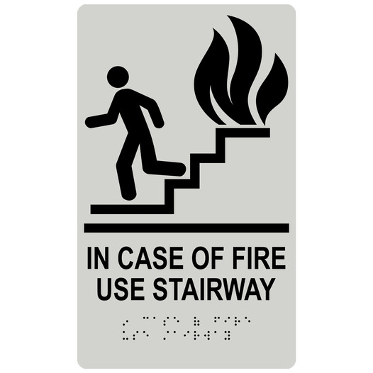 Pearl Gray ADA Braille IN CASE OF FIRE USE STAIRWAY Sign with Symbol RRE-235_Black_on_PearlGray