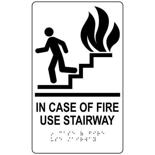 White ADA Braille IN CASE OF FIRE USE STAIRWAY Sign with Symbol RRE-235_Black_on_White