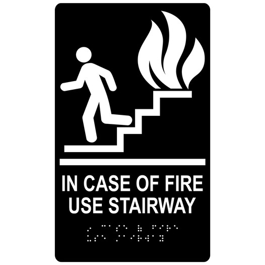 Black ADA Braille IN CASE OF FIRE USE STAIRWAY Sign with Symbol RRE-235_White_on_Black