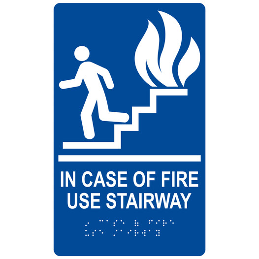 Blue ADA Braille IN CASE OF FIRE USE STAIRWAY Sign with Symbol RRE-235_White_on_Blue