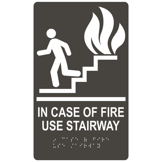 Charcoal Gray ADA Braille IN CASE OF FIRE USE STAIRWAY Sign with Symbol RRE-235_White_on_CharcoalGray