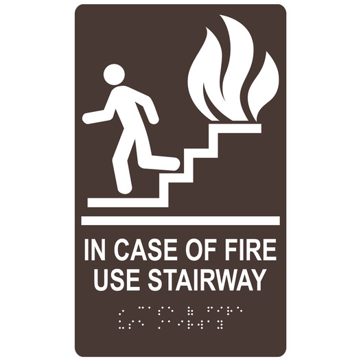 Dark Brown ADA Braille IN CASE OF FIRE USE STAIRWAY Sign with Symbol RRE-235_White_on_DarkBrown