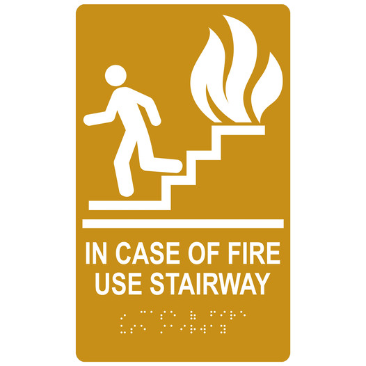 Gold ADA Braille IN CASE OF FIRE USE STAIRWAY Sign with Symbol RRE-235_White_on_Gold