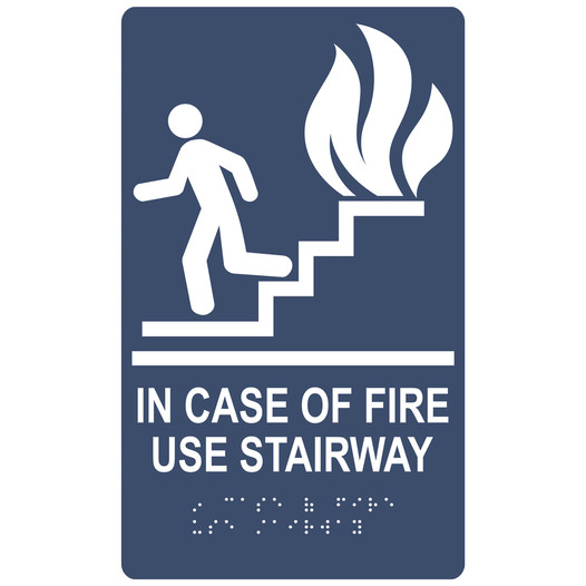 Navy ADA Braille IN CASE OF FIRE USE STAIRWAY Sign with Symbol RRE-235_White_on_Navy