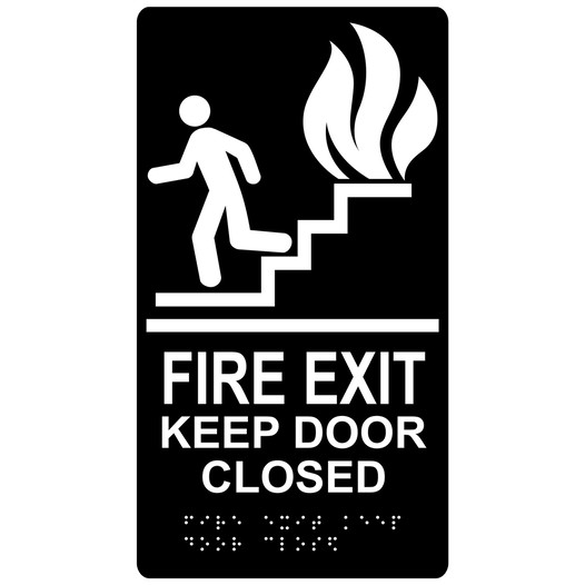 Black ADA Braille FIRE EXIT KEEP DOOR CLOSED Sign with Symbol RRE-240_White_on_Black