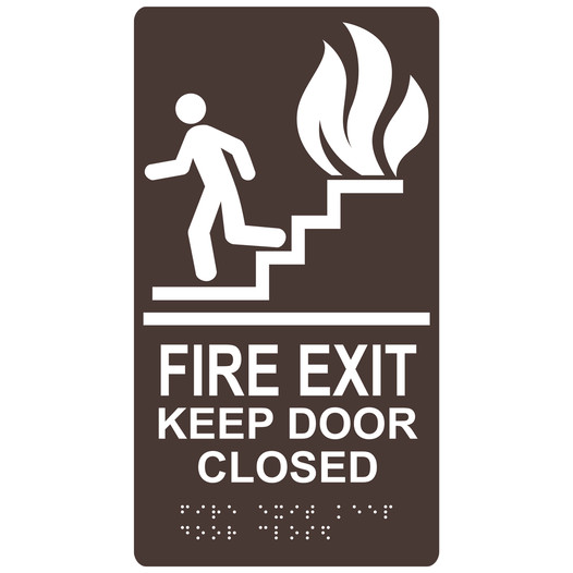 Dark Brown ADA Braille FIRE EXIT KEEP DOOR CLOSED Sign with Symbol RRE-240_White_on_DarkBrown