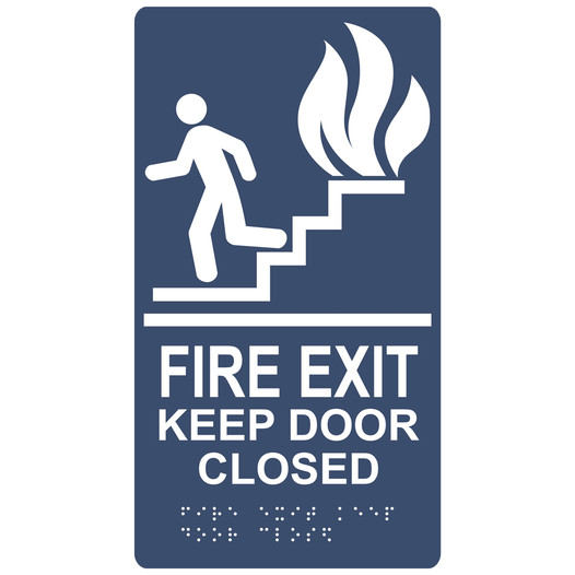 Navy ADA Braille FIRE EXIT KEEP DOOR CLOSED Sign with Symbol RRE-240_White_on_Navy