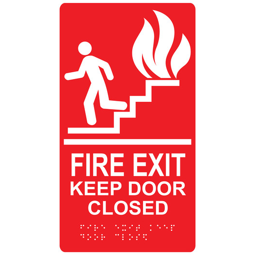 Red ADA Braille FIRE EXIT KEEP DOOR CLOSED Sign with Symbol RRE-240_White_on_Red