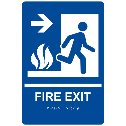 Blue ADA Braille FIRE EXIT Right Sign with Symbol RRE-245_White_on_Blue