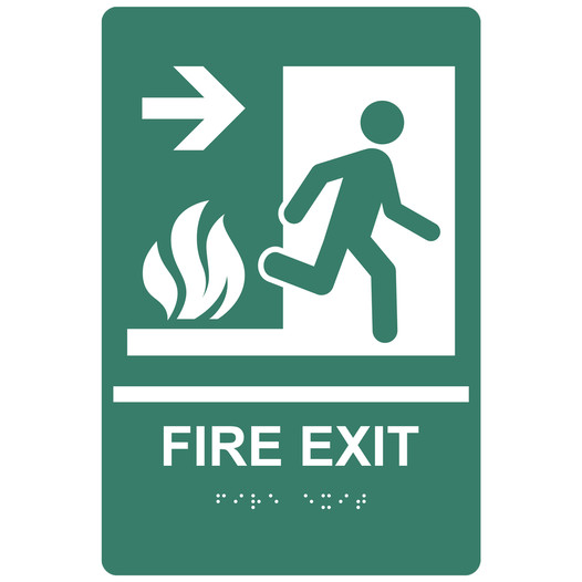 Pine Green ADA Braille FIRE EXIT Right Sign with Symbol RRE-245_White_on_PineGreen