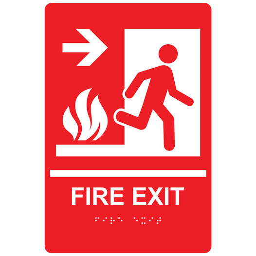 Red ADA Braille FIRE EXIT Right Sign with Symbol RRE-245_White_on_Red