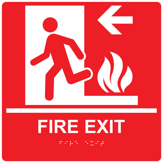 Square Red ADA Braille FIRE EXIT Left Sign - RRE-250-99_White_on_Red
