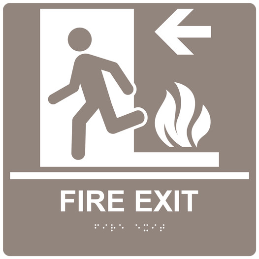 Square Taupe ADA Braille FIRE EXIT Left Sign - RRE-250-99_White_on_Taupe