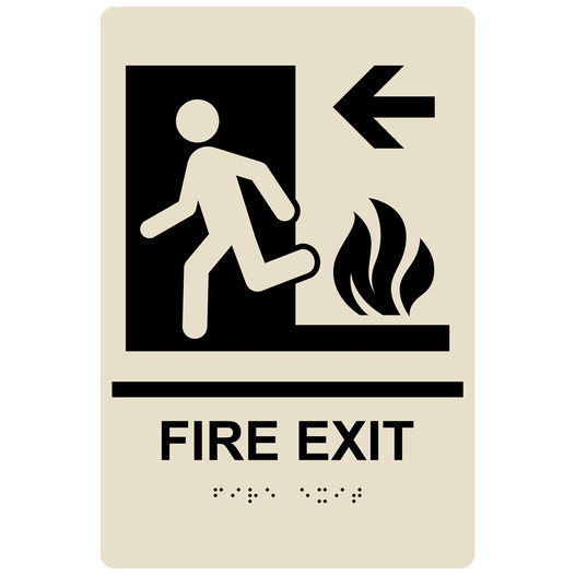 Almond ADA Braille FIRE EXIT Left Sign with Symbol RRE-250_Black_on_Almond