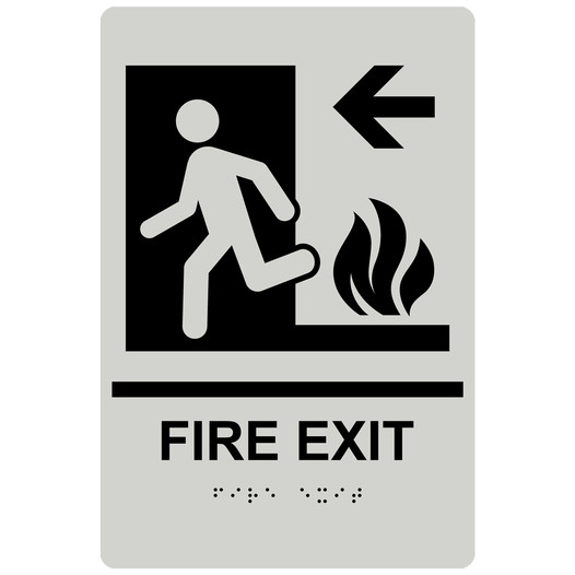 Pearl Gray ADA Braille FIRE EXIT Left Sign with Symbol RRE-250_Black_on_PearlGray