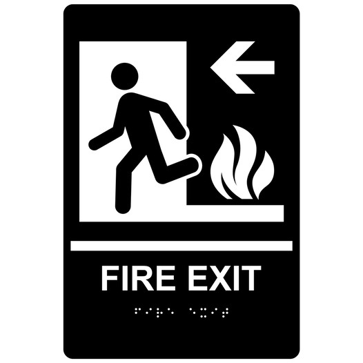 Black ADA Braille FIRE EXIT Left Sign with Symbol RRE-250_White_on_Black