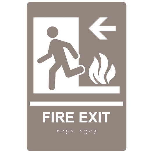 Taupe ADA Braille FIRE EXIT Left Sign with Symbol RRE-250_White_on_Taupe