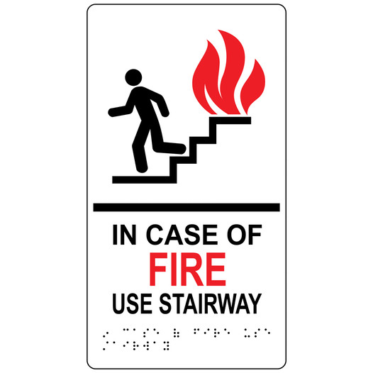 White ADA Braille IN CASE OF FIRE USE STAIRWAY Sign with Symbol RRE-260_MULTI_Black_on_White