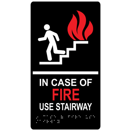 Black ADA Braille IN CASE OF FIRE USE STAIRWAY Sign with Symbol RRE-260_MULTI_White_on_Black
