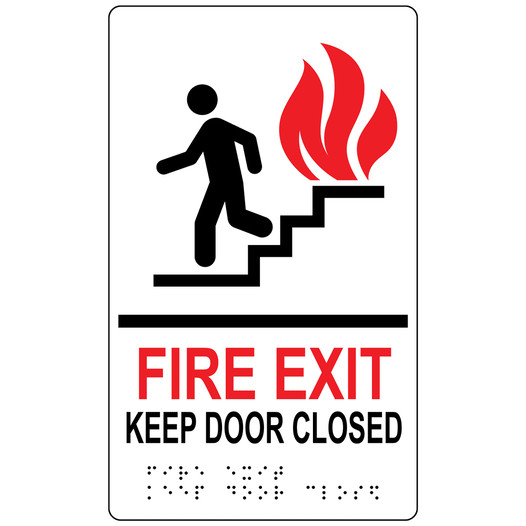 White ADA Braille FIRE EXIT KEEP DOOR CLOSED Sign with Symbol RRE-270_MULTI_Black_on_White